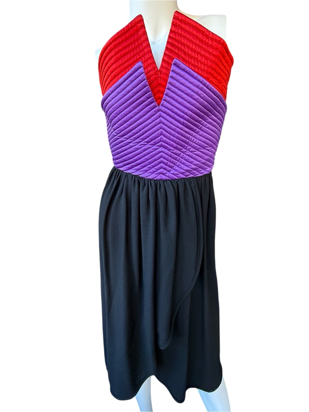 Vintage 80’s SAKS FIFTH AVE /ARMAND red/purple quilted halter black dress.